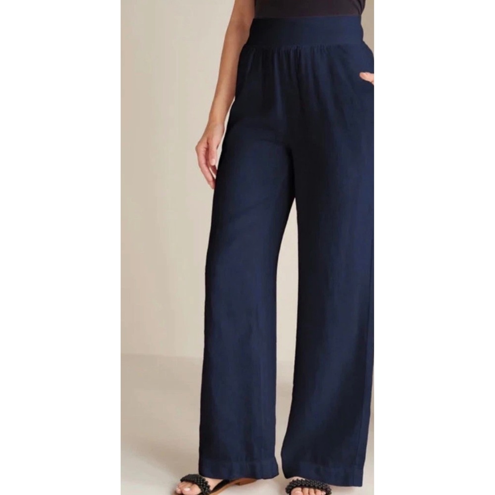 Soft Surroundings Navy Blue 100% Linen Wide Leg Elastic Waist Pants Womens XL